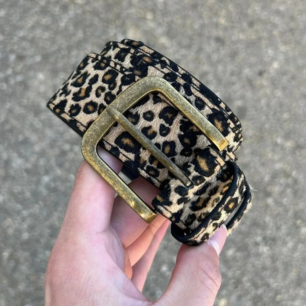 Vintage style cheetah leopard print fur belt american boho black and tan